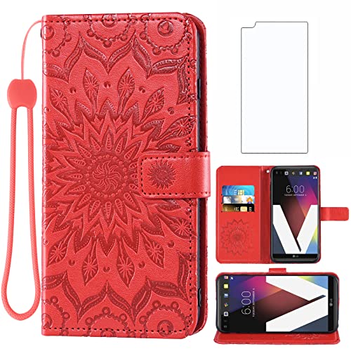 Asuwish Phone Case for LG V20 Wallet Cases with Tempered Glass Screen Protector and Sunflower Leather Slim Flip Cover Credit ID Card Holder Stand Cell Accessories LGV20 LG20 V 20 Women Men Red