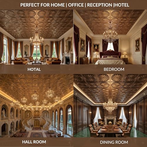 Image of Kayra Decor PVC Ceiling Panel 60x60 cm|Sunburst Panel|Metallic Coffee|12 Tiles Cover 48 Sq Ft| Modern False Ceiling|Royal & Elegant Finish