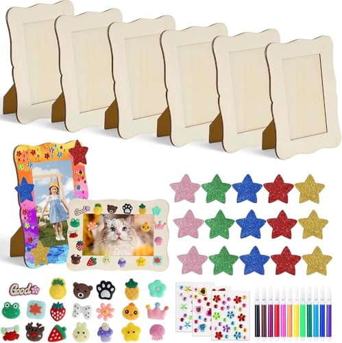 Pynzeka 6 Pièces Cadre Photo Bricolage Enfant Cadre Photo Bois a Peindre + 12 Stylo aquarelle et Strass Créatif Bricolage pour Enfants Cadeau