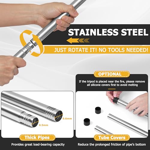 Image of HaSteeL Stainless Steel Campfire Tripod Grill for Camping Cooking Barbecue | 17 inch Folding Grate for 2-4 People, Adjustable Height, Openfire Stand Hanger for Outdoors Beach Firepit BBQ, Easy to Assemble