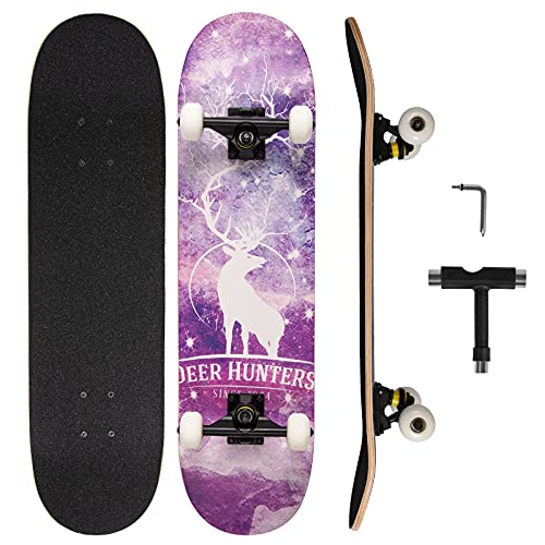 スケートボード スケボー 31インチ 高精度ABEC-7製ベアリング 95Aウィール採用 PUウィール 7層カエデ材スケボー メープルデッキ スケートボード コンプリート 集中力や平衡感覚育成 大人用 子供用 男性用 女性用 初心者用 誕生日 T字レンチ付き