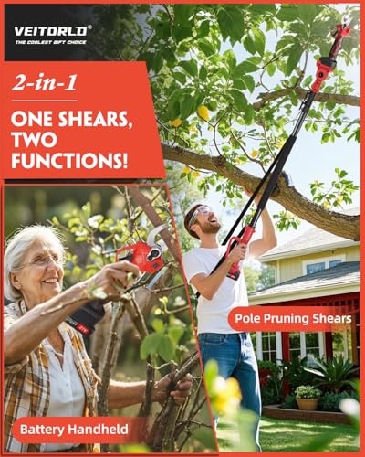 VEITORLD 2-IN-1 Cordless Electric Pole Pruning Shears, 15ft Reach, 1.2" Cutting Diameter, Battery Powered with 2x 2000mAh, Brushless Motor for Efficient Garden Tree Trimming, Branch Cutting(Red) - Image 2