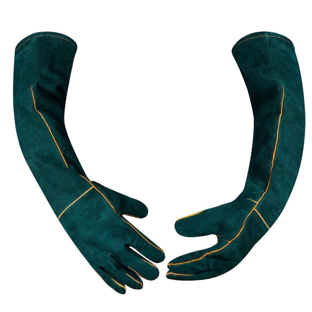 URAQT Animal Handling Gloves Bite Proof, 60cm Leather Anti Bite Gloves Full Arm Protective, Anti Scratch Cut Gauntlet for Animal Grooming Bathing Dogs Cats Hamster Parrot (Green)