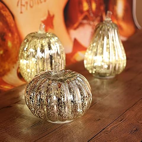 Romingo Set of 3 Glass Pumpkin Light with Timer for Halloween Pumpkin Decorations Fall and Thanksgiving Decor, Silver Cover