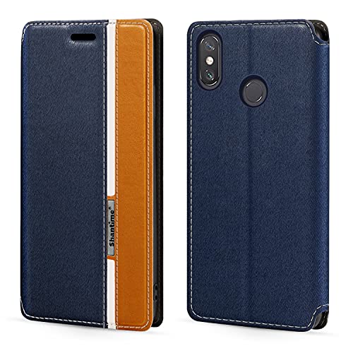 PU Leder Flip Hülle mit Farbakzent & Unsichtbarem Magnetverschluss Kompatibel mit Xiaomi Mi Max 3 Pro, Schlanke Modische Schutzhülle (Blau)