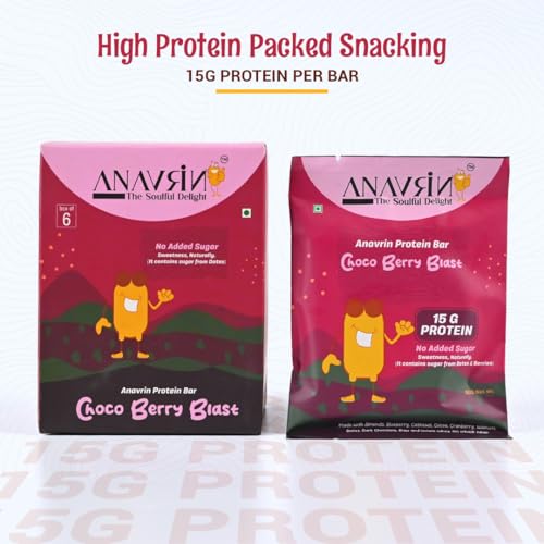 Image of ANAVRIN Choco Berry Blast Protein Bar - 15g Protein, 2.5g Fibre in each Bar (6 Bars x 50gm) Goodness of Dates, No Added Sugar, No Soy, No Preservatives, Gluten Free High Protein Energy Bar, Healthy Snack