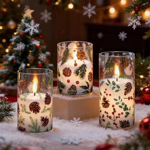 Image of Christmas Flameless Candles with Pinecone Decals, 3 Pcs Glass LED Battery Operated Candles with Remote Timer and 3D Flickering Flame for Christmas Holiday Home Decor(Set of 3, D3 inch x 4 inch5 inch6 inch)