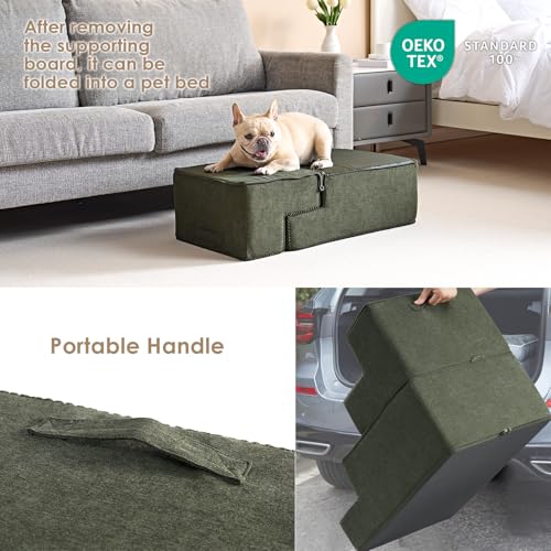 Image of EHEYCIGA Dog Stairs for Bed 18 inch H, 4-Step Dog Steps for High Bed, Pet Steps for Small Dogs and Cats, Non-Slip Balanced Pet Ramp Indoor, Military Green