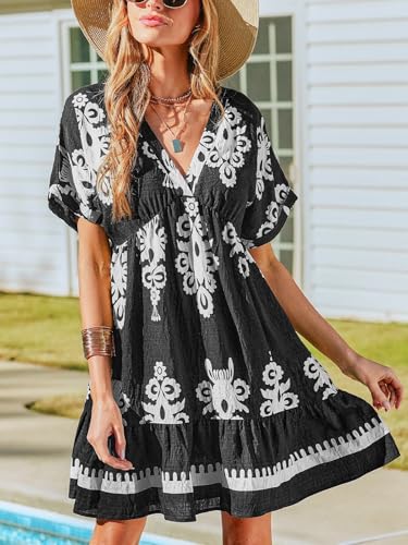 Image of CUPSHE Women Ruffle Floral Summer Dresses 2025 V Neck Short Sleeve Smocked High Waist Casual Beach Holiday Mini Dress