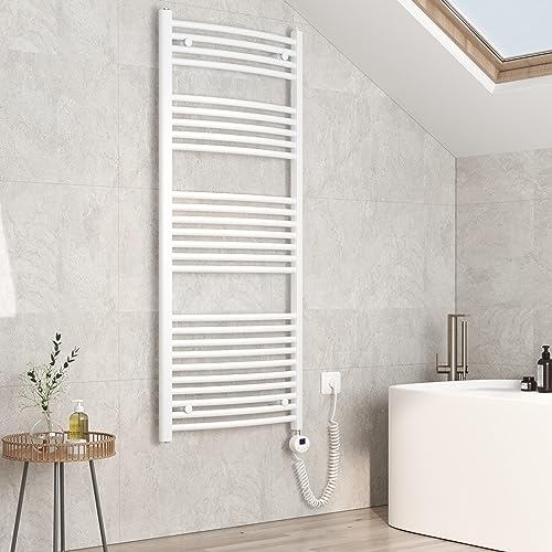 EMKE Radiador de baño eléctrico 140 x 60 cm, radiador curvado toallero eléctrico con termostato, toallero con temporizador, color blanco, 600 W