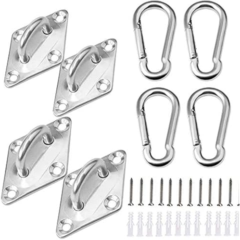 TooTaci M5 Pad Eye Plate,304 Stainless Steel Eye Pad Plates Heavy Duty with 4pcs Carabiner Hooks for Wall Mount/Ceiling ,Hammock,Swing Chairs,Washing Line,Awning Fixing Cover