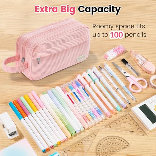 Image of Sooez High Capacity Pencil Case, Soft Corduroy Pencil Pouch with 4 Compartments, Multiple Pockets, Large Pencil Bag with Sturdy Zipper, Cute Pencil Case Pouch Organizer for Student Teen Girls, Pink