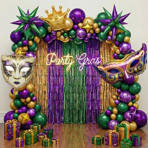 Mardi Gras party Decorations with Purple Green Gold Balloon Garland Arch Kit & large Star Masquerade Mardi Mask Crown foil Balloons for 2026 Birthday Masquerade fat Tuesday Theme party Decorations