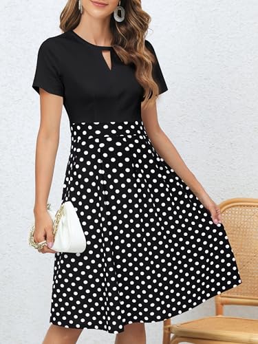 YATHON Women's Vintage Fit and Flare Cocktail Dresses Retro Black White Polka Dot Print Summer Aline Casual Work Swing Dress with Pockets (L, YT018-Black Dot)