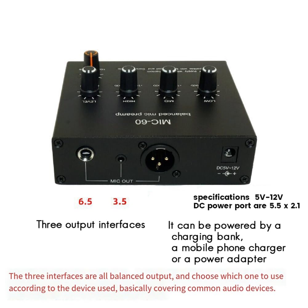 Amplificatore Microfonico Dinamico Bilanciato Amplificatore Audio Musicale MIC-60 con Alimentazione Phantom 48V con da 3,5 mm