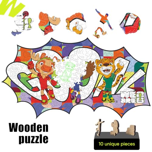 Image of FIFA World Cup 2026 Mascot Wooden Jigsaw Puzzle for Kids & Adults, USA - Canada - Mexico Mascot 200 Pieces, Unique Shape Puzzle, Officially Licensed, Sports Gift for Fans, 5MM Thick | Wooden Jigsaw Puzzle