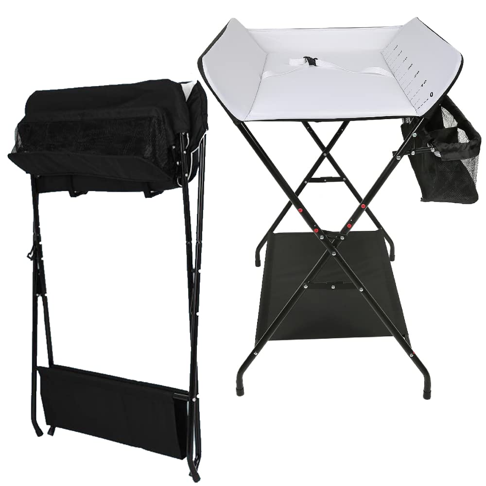Cambiador Plegable Carga Hasta 25 kg Cambiador de Pañales con Almacenamiento y Cinturón de Seguridad Cambiador para Bebé sin Ruedas Negro-blanco 55,5×79×96 cm
