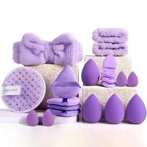 Image of Multi-Shape Makeup Sponge Set | 20 Piece Beauty Puff Collection with Headband and Clean Sponge | Pink, Purple, Beige & Bright Sets | Face Blender Kit for Cream, Liquid & Powder | Aesthetic and Functional Makeup Tool (Lavender, 20Pcs)