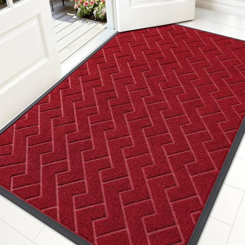 Image of OLANLY Front Door Mat Indoor Outdoor Entrance, Waterproof All-Season, All-Weather Doormat, Sturdy Natural Rubber, Low Profile, Easy Clean Patio Porch Entryway Mat, Herringbone Brick (Wine Red, 59x34)