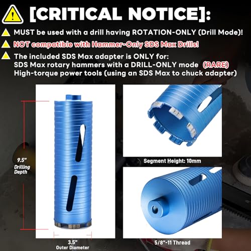 Image of 3 1 /2 inch Dry Core Drill Bit, 5 /8 inch-11 Thread, with 3 Adapters Included: SDS Plus, SDS Max and 1 /2 inch Hex Shank, 9.5 inch Drilling Depth, 3.5 Inch Core Bit for Concrete Masonry Brick Block Stucco