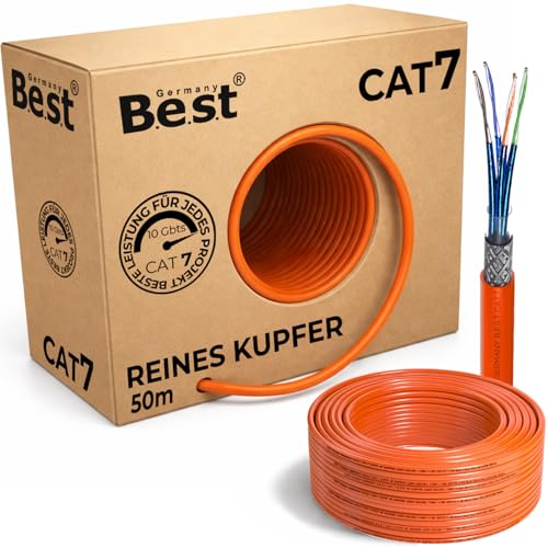 Germany B.e.s.t CAT 7 50M Simplex Netzwerkkabel Verlegekabel Kupfer LAN Kabel Ethernetkabel S/FTP 10 Gbit/s Kat 7 reines Kupfer Datenkabel PoE+ LSZH Datenkabel