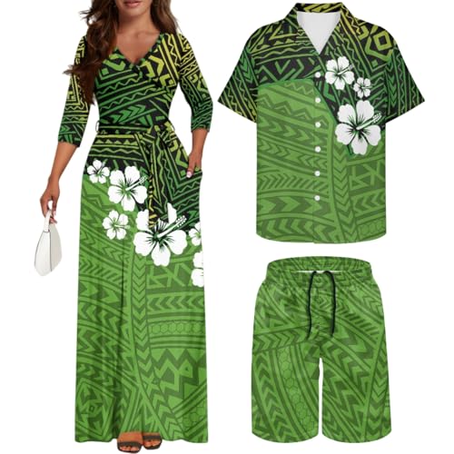 Cjfognsoa Samoa Couples Matching Outfit Polynesian Dress for Women Green Traditional Puletasi Set Dress Hawaiian Matching Clothes for Couples Luau Mumu Beach Havana Nights Outfits 2XL