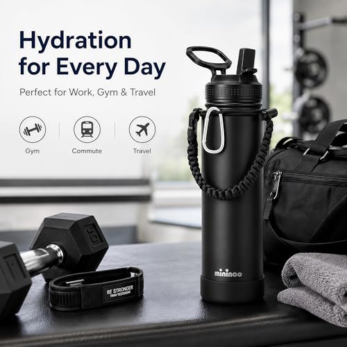 Image of mininoo 24 oz Insulated Stainless Steel Water Bottle with Straw, Black