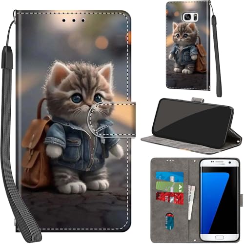 for Samsung Galaxy S7 Edge 5.5-Inch Case PU Leather Wallet Book Flip Folio Stand View Magnetic Multi-Pattern Cover compatible with Samsung S7 Edge Phone Case (Cat)