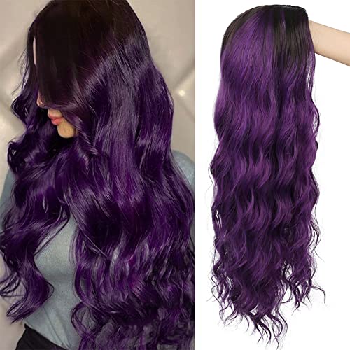 Image of Swiking Ombre Purple Curly Wavy Long Wigs for Women Black Root Natural Breathable Colorful Wig for Halloween Party Cosplay (Purple)