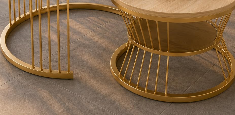 Image of The Round Coffee Table and The Stacking Tea Table with a Gold Metal Frame are Two Versatile Modern Center Tables that Look Great in Living Rooms (Cream Gold)