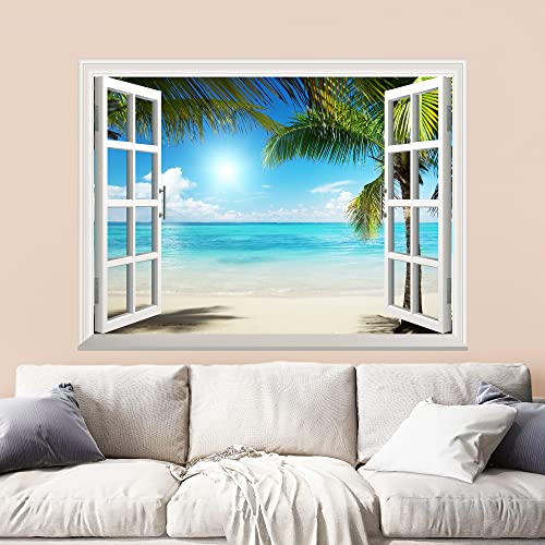 Wall26 White Sand Beach With Palm Tree Open Window Wall Mural, Removable Sticker, Home Decor - 24X32 Inches #TOP1