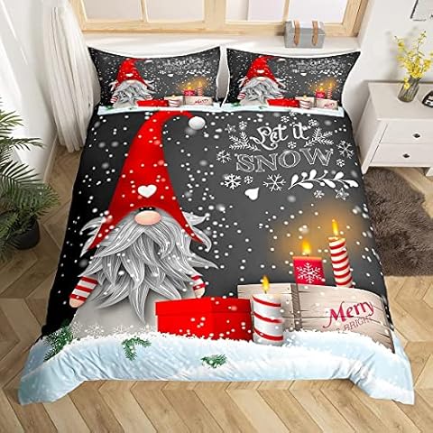 Xmas Bedding Sets Scandinavian Christmas Santa Gnomes Comforter Cover Snowing Santa Claus Bedding Sets for Kids Boys Girls Romantic Candlelight Quilt Cover 3 Pieces King Size Cover