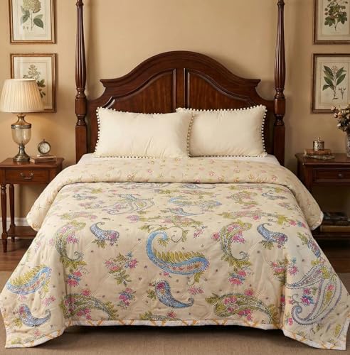 Image of 250 GSM Cotton AC Comforter for Summer | Lightweight Floral Design | Reversible All-Season Dohar Blanket Quilt (Carry Design, Single 60 inch x 90 inch)