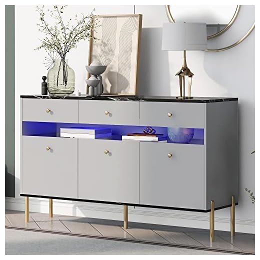 Merax Modern Wood Closet Dresser with LED Lights and Marble Top Panel,Storage Cabinet with 3 Drawers for Bedroom Living Dinning Room Kitchen (Grey), Set of 1, Gray