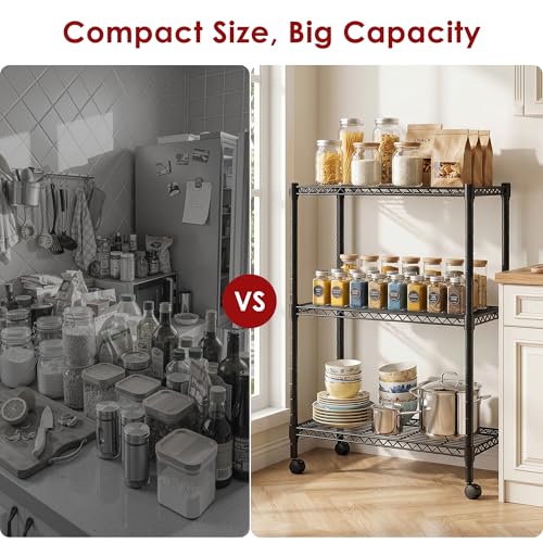 Image of Simple Deluxe 3-Tier Heavy Duty Adjustable Storage Shelf with Wheels, 23.23 inchW x 13.39 inchD x 30.31 inchH, Mobile or Stationary Metal Shelving Unit, Easy Assembly for Kitchen, Pantry, Laundry Room, Black