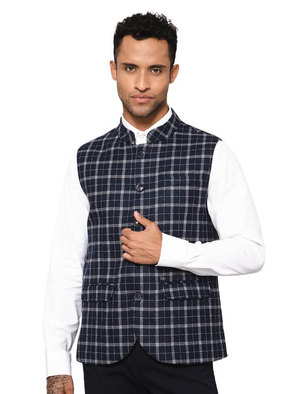 cantabil Men's Checkered Navy Blue Mandarin Collar Waist Coat-picture-13