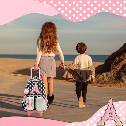 Image of Meetbelify 3 in 1 Backpack with Wheels for Girls Rolling Letter Backpack Cute Carry on Backpacks Kids Luggage with Lunch Box Pencil Case for Elementary Student