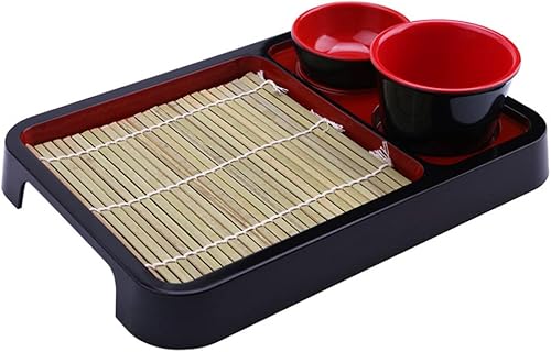 Hemoton Bandeja para pizza, 1 juego de platos de fideos japoneses con taza de inmersión, tapete de drenaje lacado para servir sushi para el hogar,