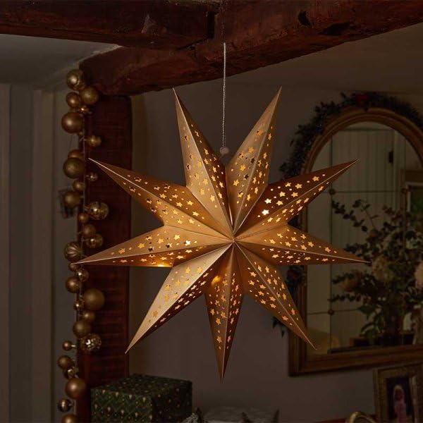 Marco Paul Large 50cm LED Light-Up Gold Origami Star Christmas Decoration Battery Operated Hanging Ornament with Auto Timer Indoor Xmas Home Décor Lighting