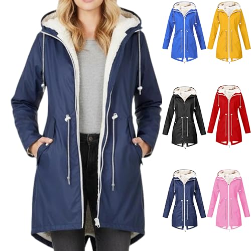 Generisch Regenjacke Damen Gefüttert Lang Regenjacke Damen Wasserdicht Atmungsaktiv Mit Kapuze Winter Regenmantel Frauen Teddyfutter Warm Jacke Innenfutter Outdoor Wandern...