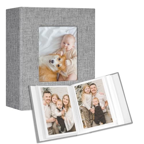 Image of Vienrose Small Photo Album 4x6 holds 100 Photos 2 Pack, Mini Baby Photo Album Linen Cover for Gifts Wedding Family, Grey