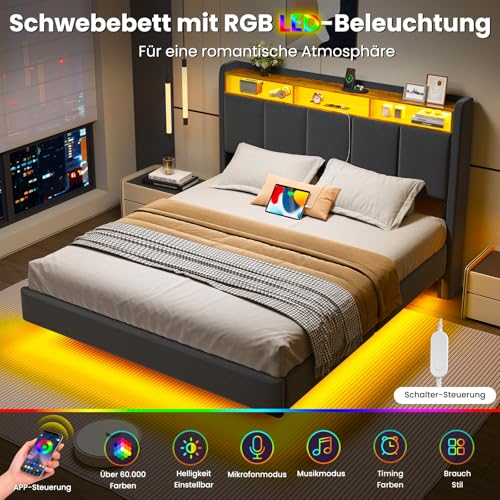 Brinlawb Polsterbett 140x200 cm Schwebebett mit LED-Beleuchtung, Kopfteil und Ladestation(2 AC-Steckdosen, 2 USB-Anschlüsse)… – Ansicht 5