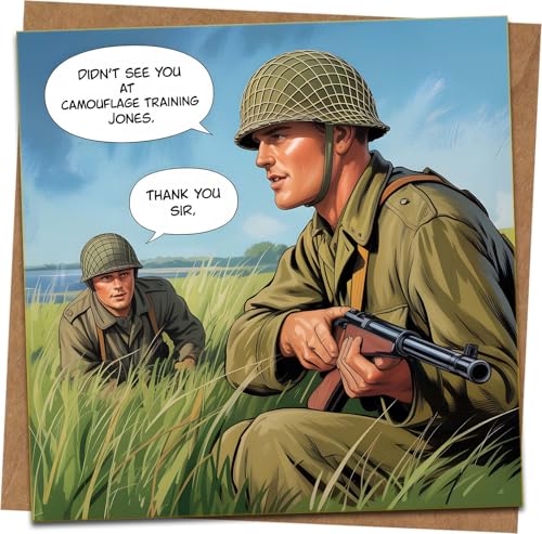 Funny Military Camouflage Training Greeting Card – Army Soldiers Comic – Humorous Birthday/All Occasion, Blank Inside – 145 x 145 mm – Includes Kraft Envelope