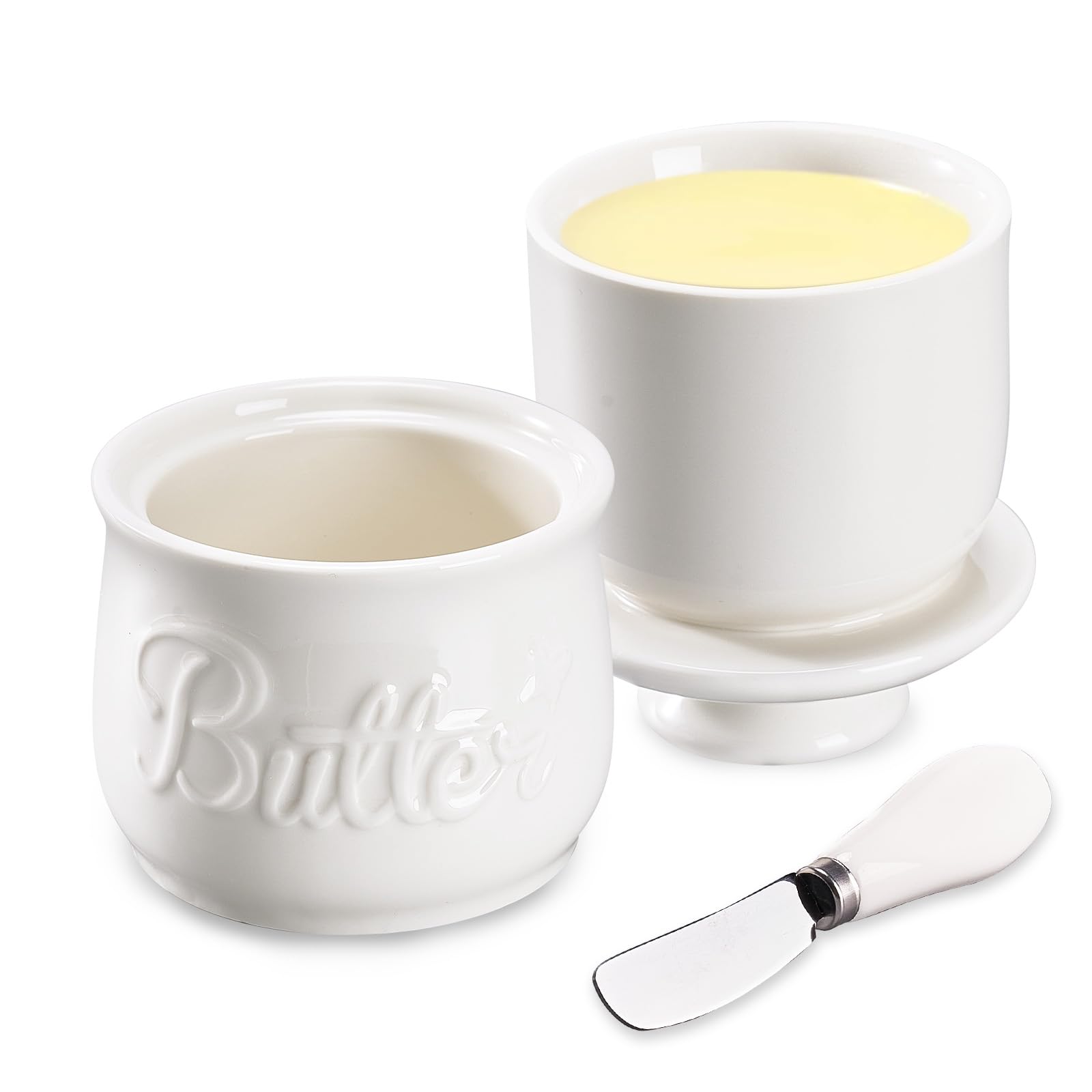 Burriera con coperchio coltello in ceramica – Burro piatti per cucina contenitore contenitore contenitore grande in porcellana ermetico silicone sigillante FULUDM, (650 ML) bianco