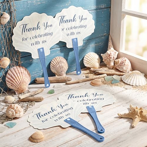 Image of 50 Pcs Seashells and Wedding Bells Decoration Wedding Hand Fans Last Toast on The Coast Bachelorette Favors Plastic Handheld Fans Bule Coastal Seashell Favors for Guests Ceremony Bridal Shower