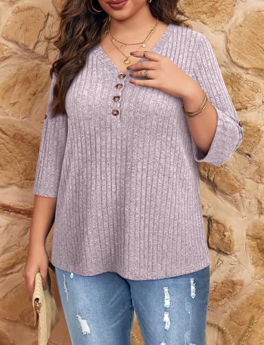 Image of Koscacy Women Plus Size V Neck 3 /4 Roll Sleeve Sweater Casual Knit Tops Solid Color Blouses