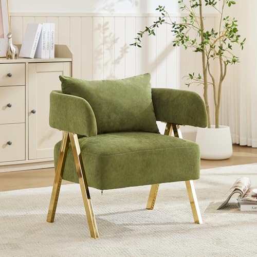 Image of STHOUYN Modern Green Velvet Accent Chairs, Barrel Armchairs Living Room | STHOUYN Comfy Reading Chairs, Living Room and Bedroom Seating, Curved Barrel Design, Wide Seat, Gold-Tone Legs