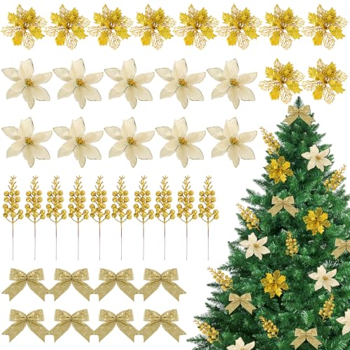 30pcs Fleurs de Noël Fleur Artificielle Poinsettia Glitter avec Tiges de Baies et 8pcs Noeuds à Paillettes de Noël Décoration Sapin de Noël Ornements Suspendue Scintillante pour Fête Noël Nouvel An