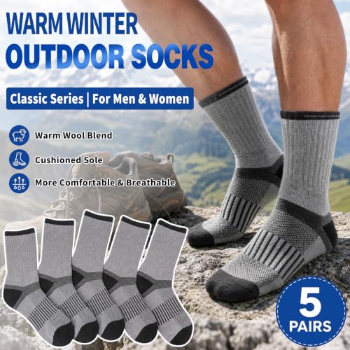 Image of MOGGEI 5 Pairs Merino Wool Hiking Socks Warm Thermal Winter Cozy Cushioned Moisture Wicking Socks for Women & Men