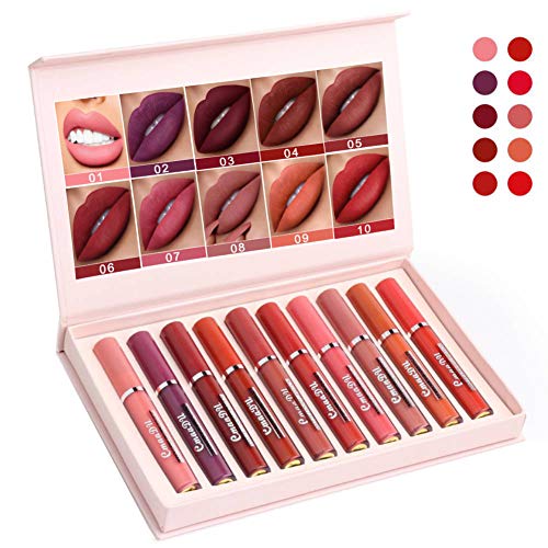 Dulele 10 Stück wasserfester, langanhaltender, samtiger Lippenstift, matt, antihaftbeschichtet, mit Geschenkbox Cover